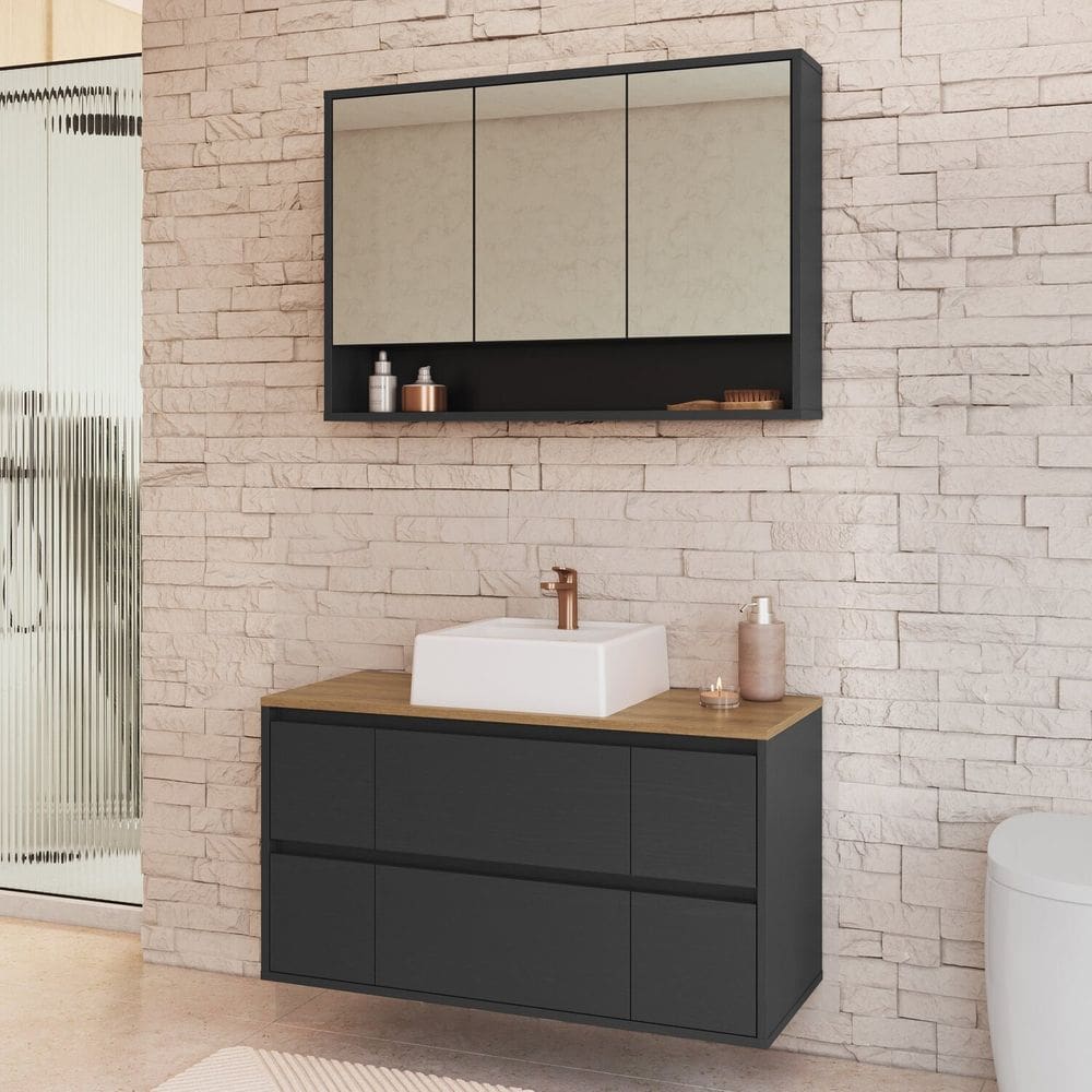 Conjunto para Banheiro Gabinete Suspenso 88,4 com Cuba e Espelheira Berlin Grafite