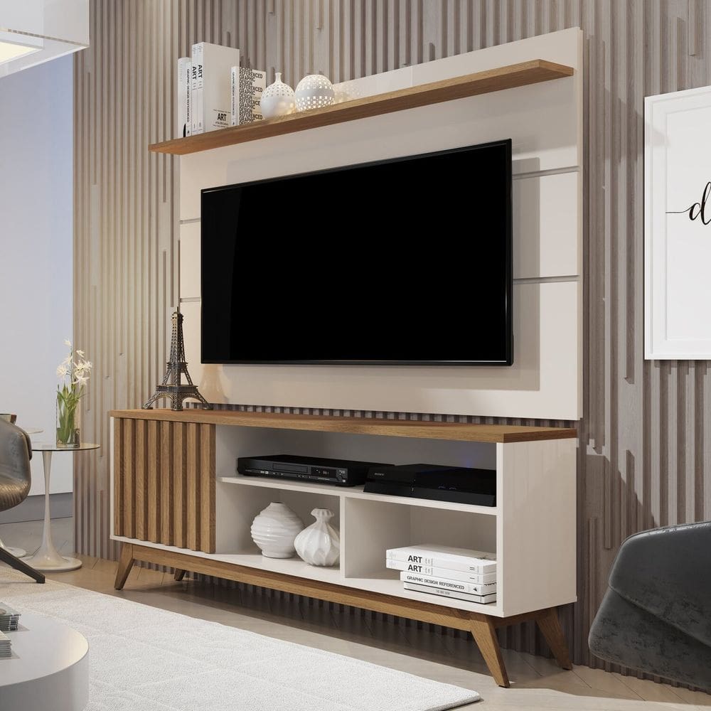 Rack com Painel para Tv 60 Polegadas Pés Madeira Maciça Ripado Wood Retrô Malbec Off White / Freijó