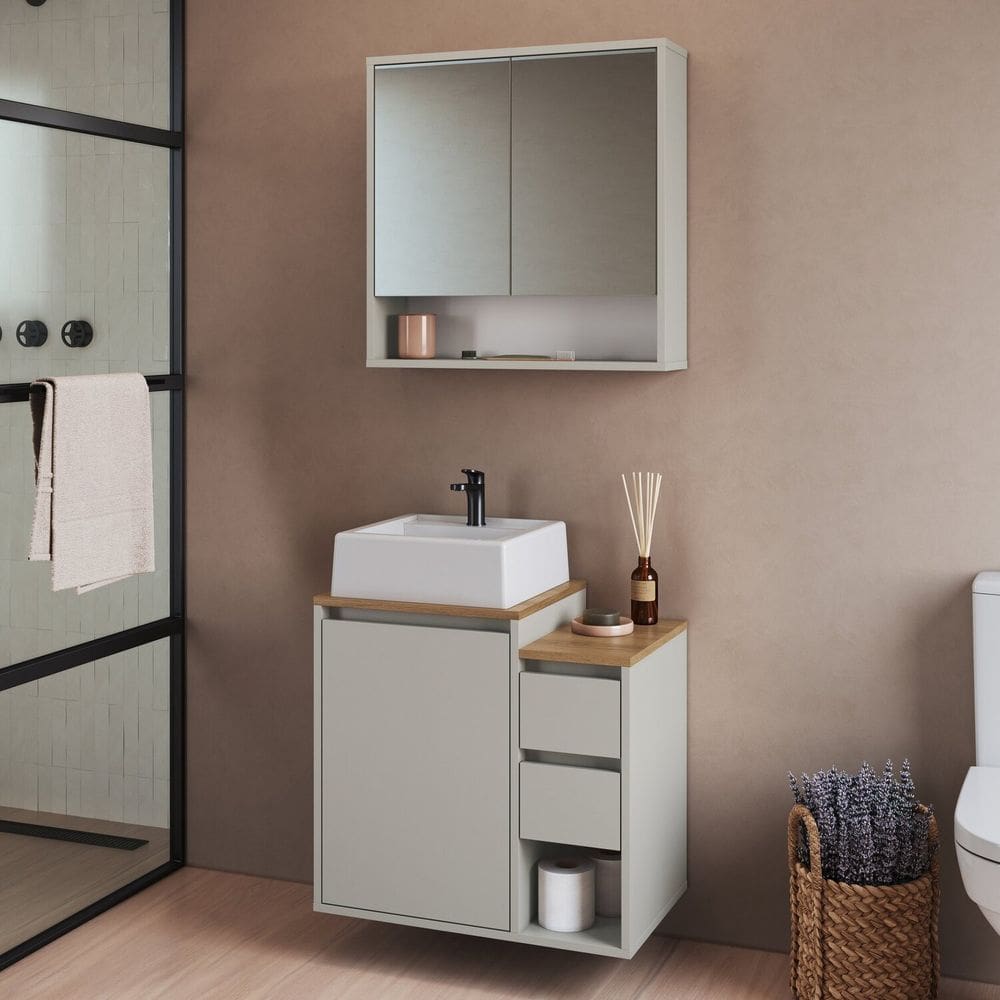 Conjunto para Banheiro Gabinete Suspenso 60cm com Cuba Espelheira Bologna Arenas