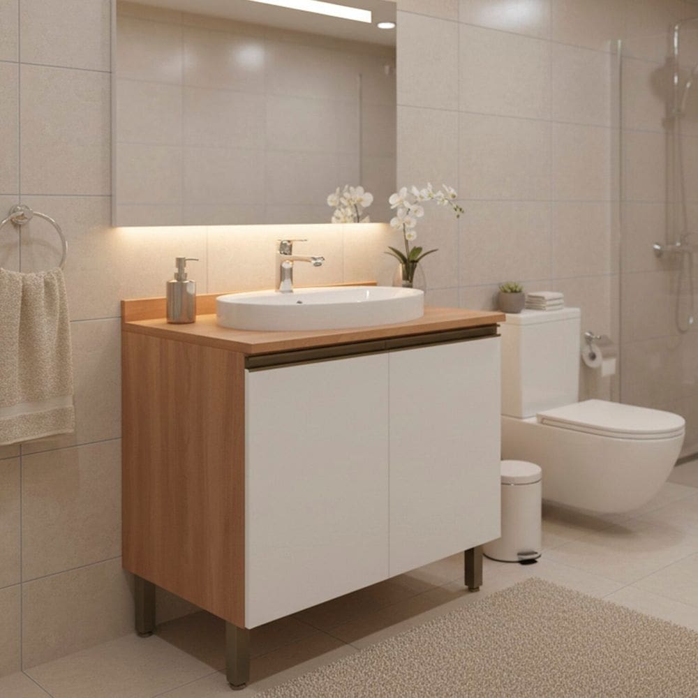 Gabinete para Banheiro 80cm com Tampo 2 Portas Macadâmia Branco / Freijó