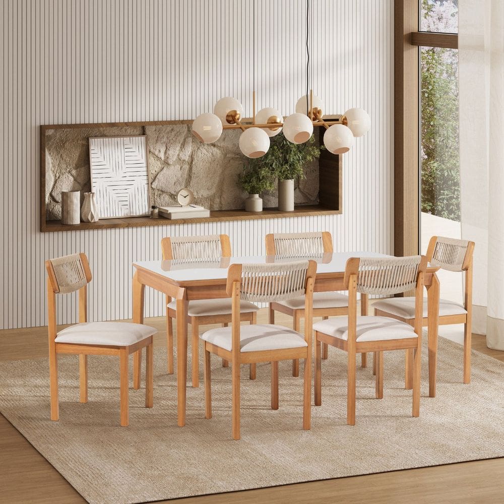 Conjunto Sala de Jantar 1 Mesa 160cm Tampo Laminado com Vidro e 6 Cadeiras Corda Florença Verniz Mel/Areia/Cru/Off White