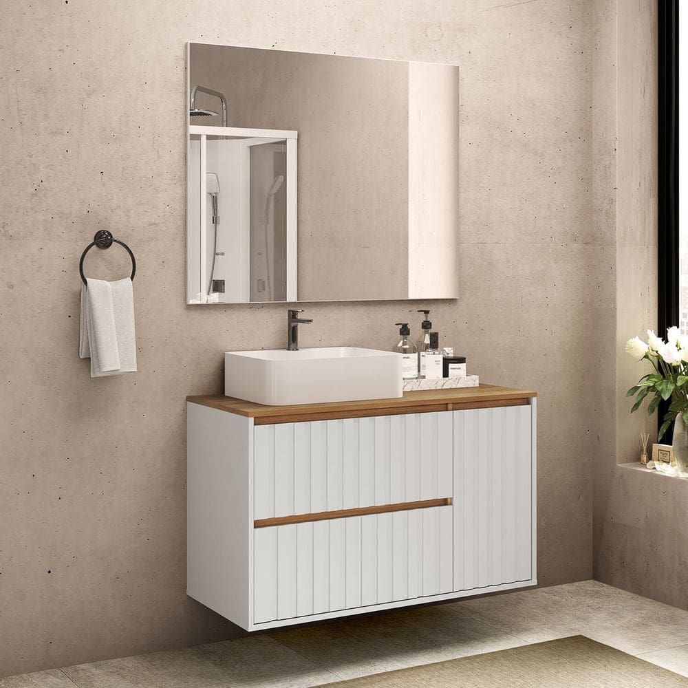 Gabinete para Banheiro com Cuba e Espelheira 100cm Toronto Yescasa Branco/Carvalho