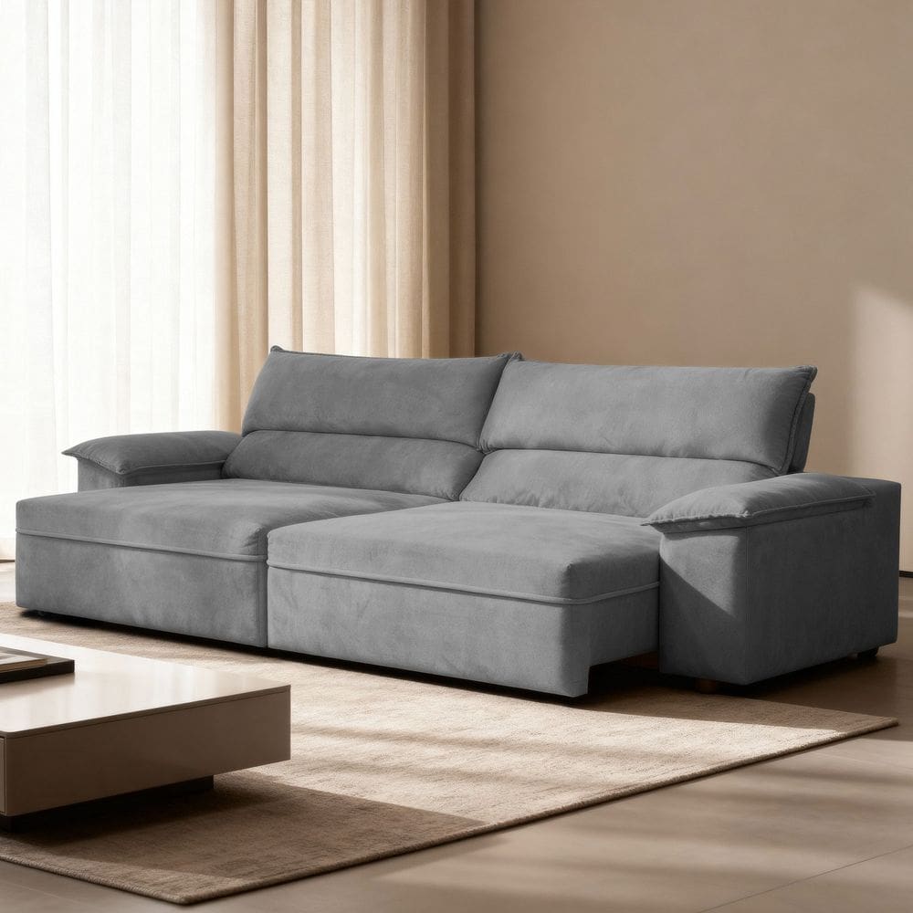 Sofá Retrátil e Reclinável Molas Ensacadas 200cm Veludo Malta Cinza