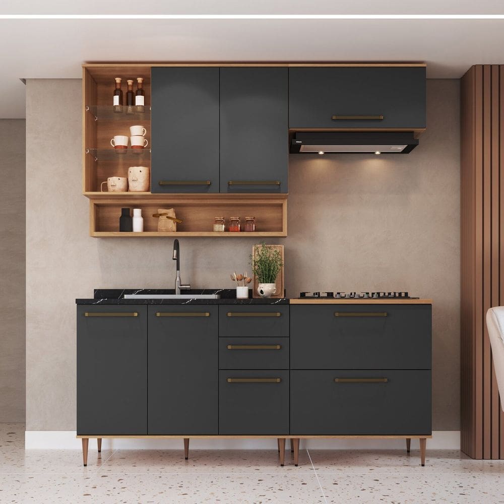 Cozinha Modulada 5 Peças com Nicho Decorativo Balcão para Cooktop Isabelle Freijó / Grafite