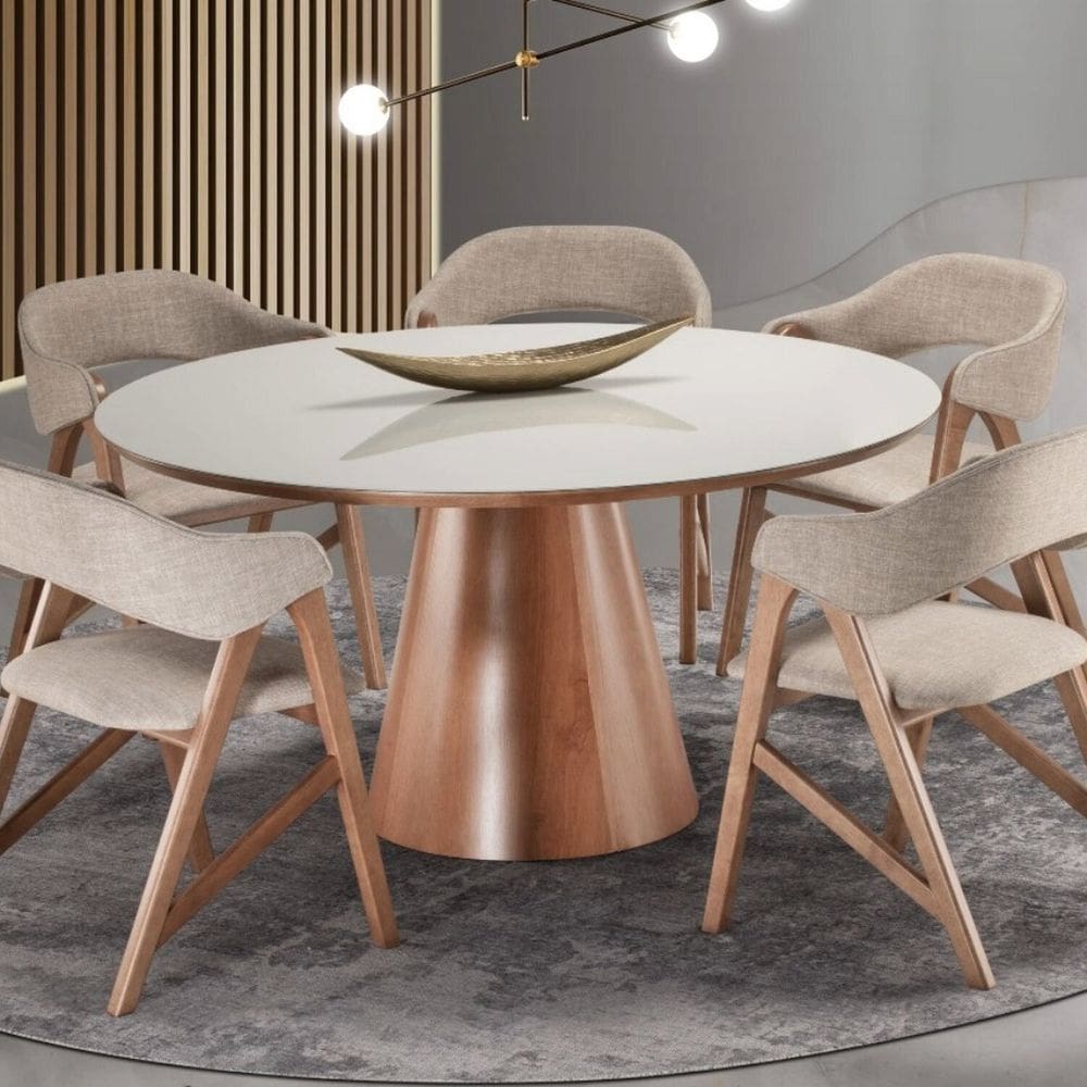 Conjunto Mesa 120x120cm Tampo em Mdf e Vidro com 4 Cadeiras Pérola Amendoa