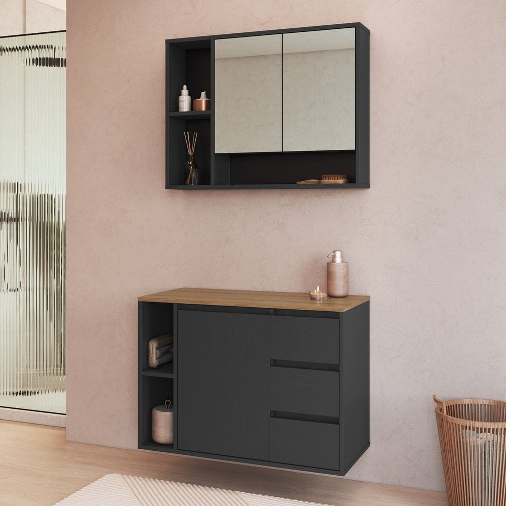 Conjunto para Banheiro Gabinete Suspenso 80cm com Espelheira Belagavi Grafite