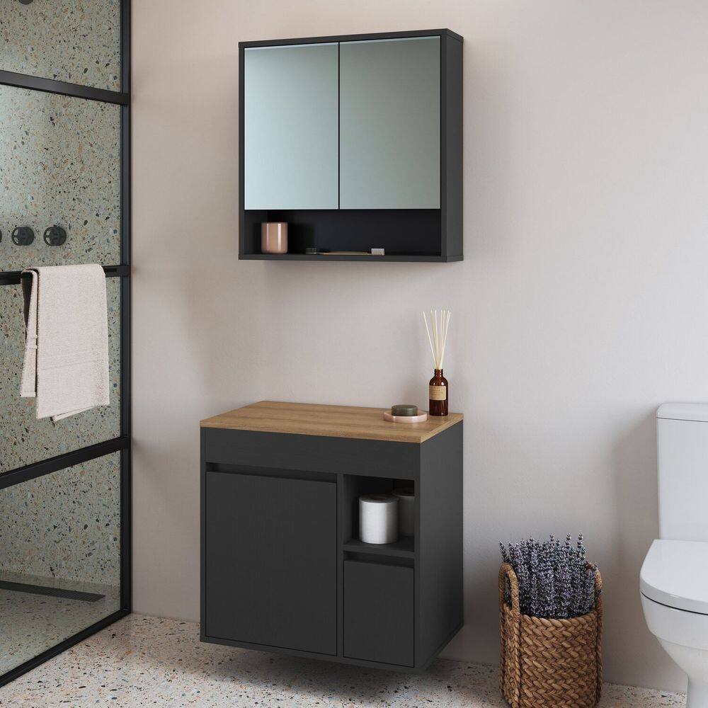 Conjunto para Banheiro Gabinete Suspenso 60cm com Espelheira Bangladesh Grafite