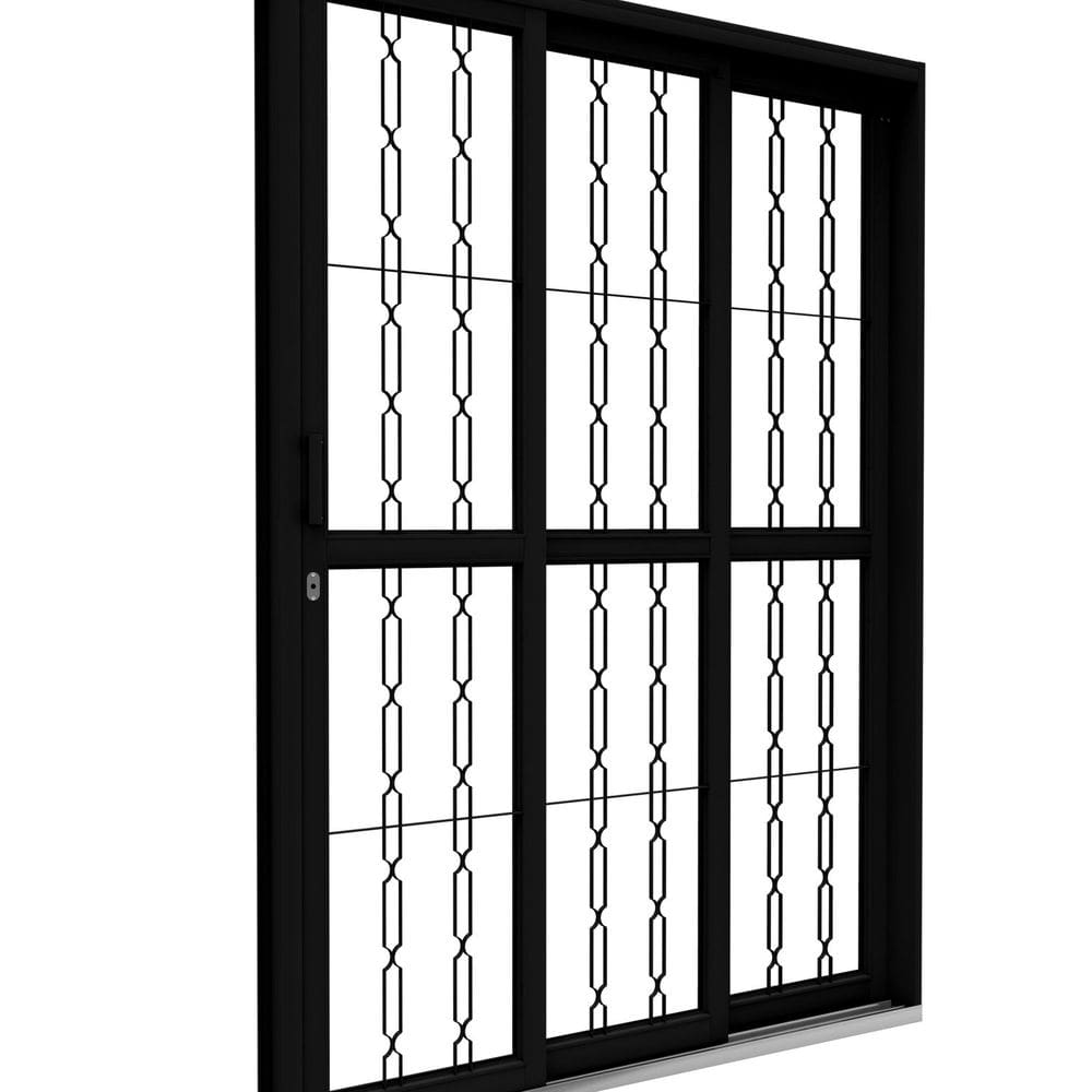 Porta de Aço de Correr Lateral 3 Folhas com Grade Mosaico 213x150 Riobras Aço Pronto Preto