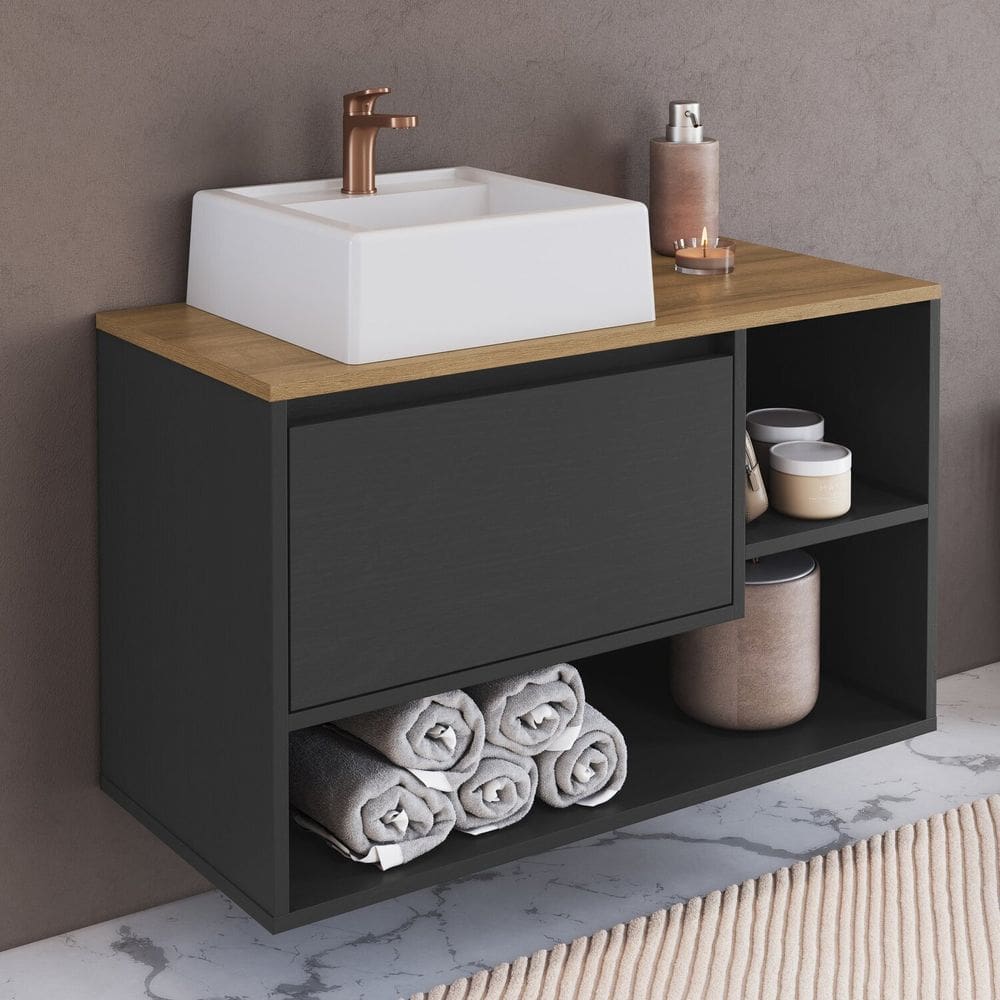 Balcão Gabinete de Banheiro Suspenso 80cm 1 Porta e Nichos com Cuba Barcelona Grafite