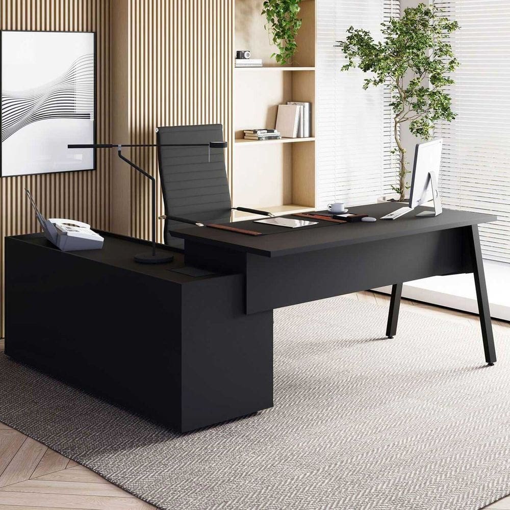Mesa L Diretor Escritório 200cm com Armário Lateral Tampo Cavado e Pés Metal Industrial Executive Preto