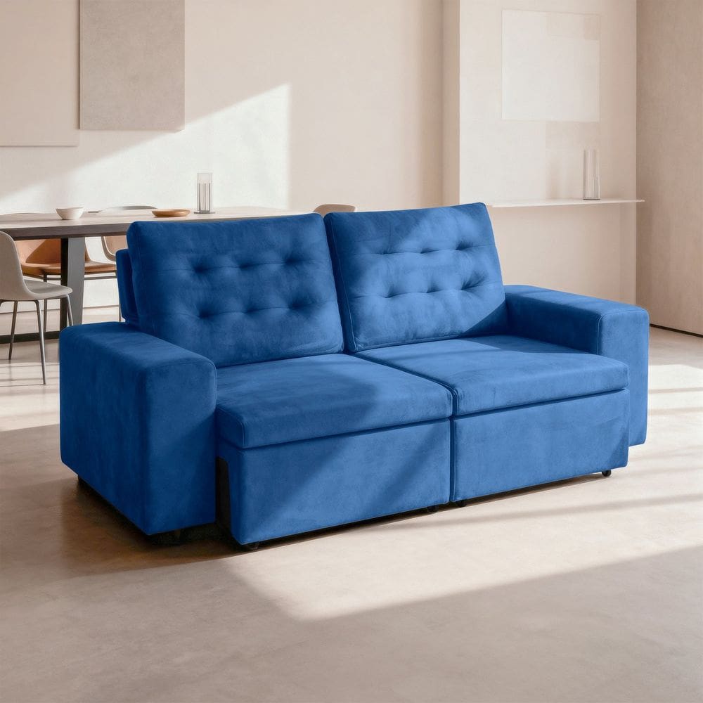 Sofá Retrátil e Reclinável Molas 206cm Veludo Marrocos Azul