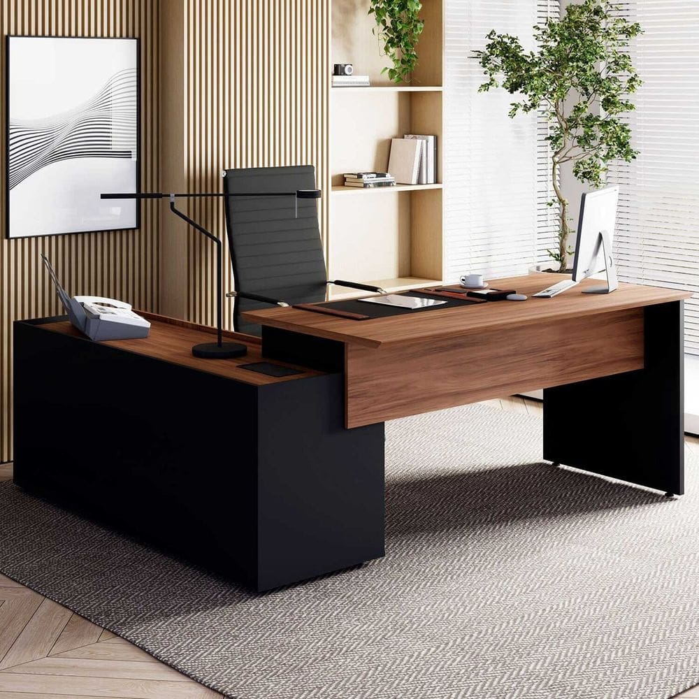 Mesa em L 180x170cm com Armário Lateral Caixa de Tomadas e Tampo Chanfrado Escritório Corporate Nogal /Preto