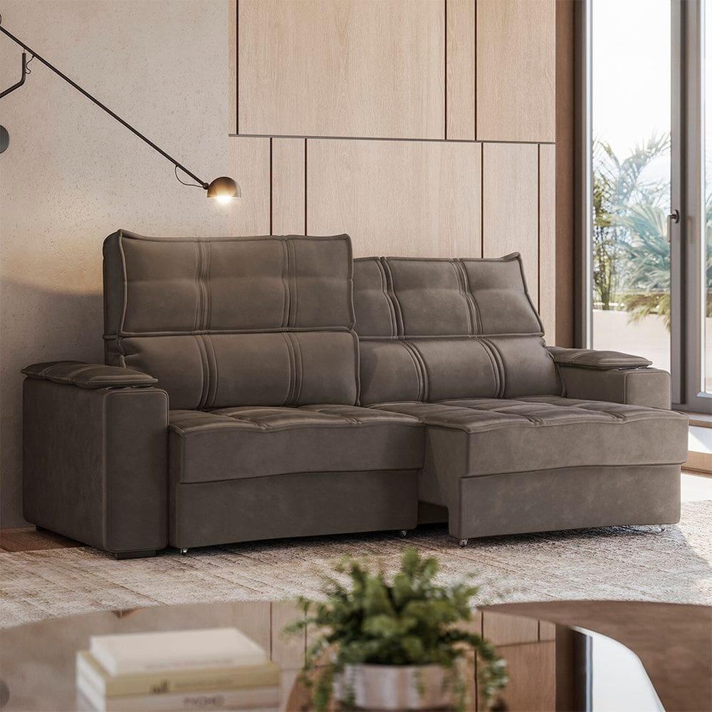 Sofá Retrátil e Reclinável 3 Lugares Bipartido com Porta Copos 250cm Cobán Espresso Móveis Marrom Escuro