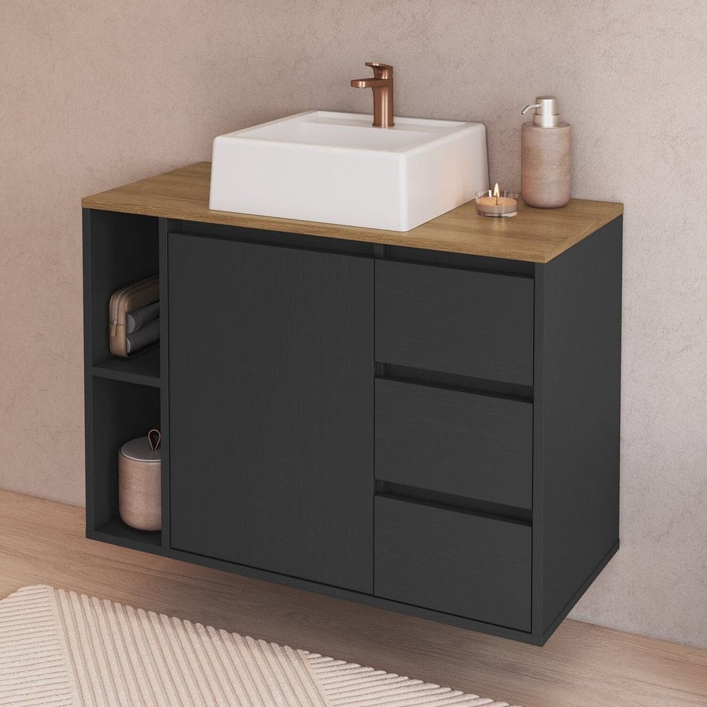 Balcão Gabinete de Banheiro Suspenso 80 Belagavi 1 Porta 3 Gavetas e Nichos com Cuba Grafite