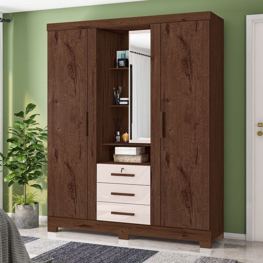 Guarda-roupa Solteiro 3 Portas 3 Gavetas Capelinha Premium Jacaranda / Off White