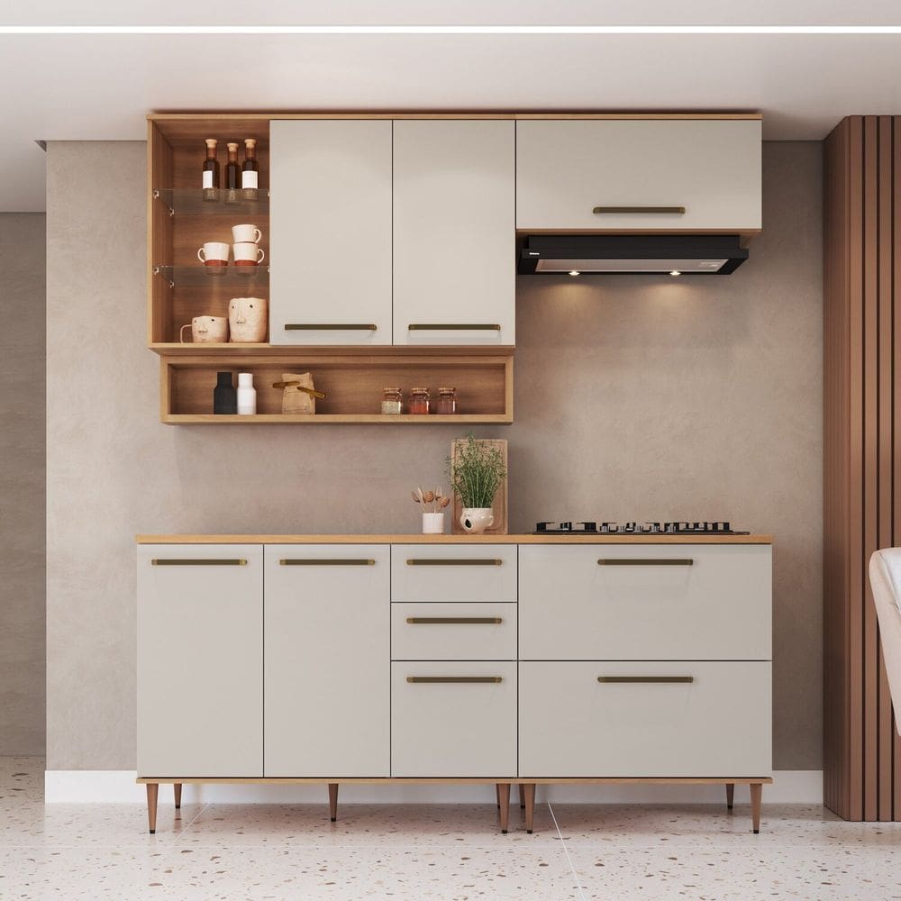 Cozinha Modulada 6 Peças com Tampo 120cm Nicho Decorativo Balcão para Cooktop Isabelle Freijó / Arenas