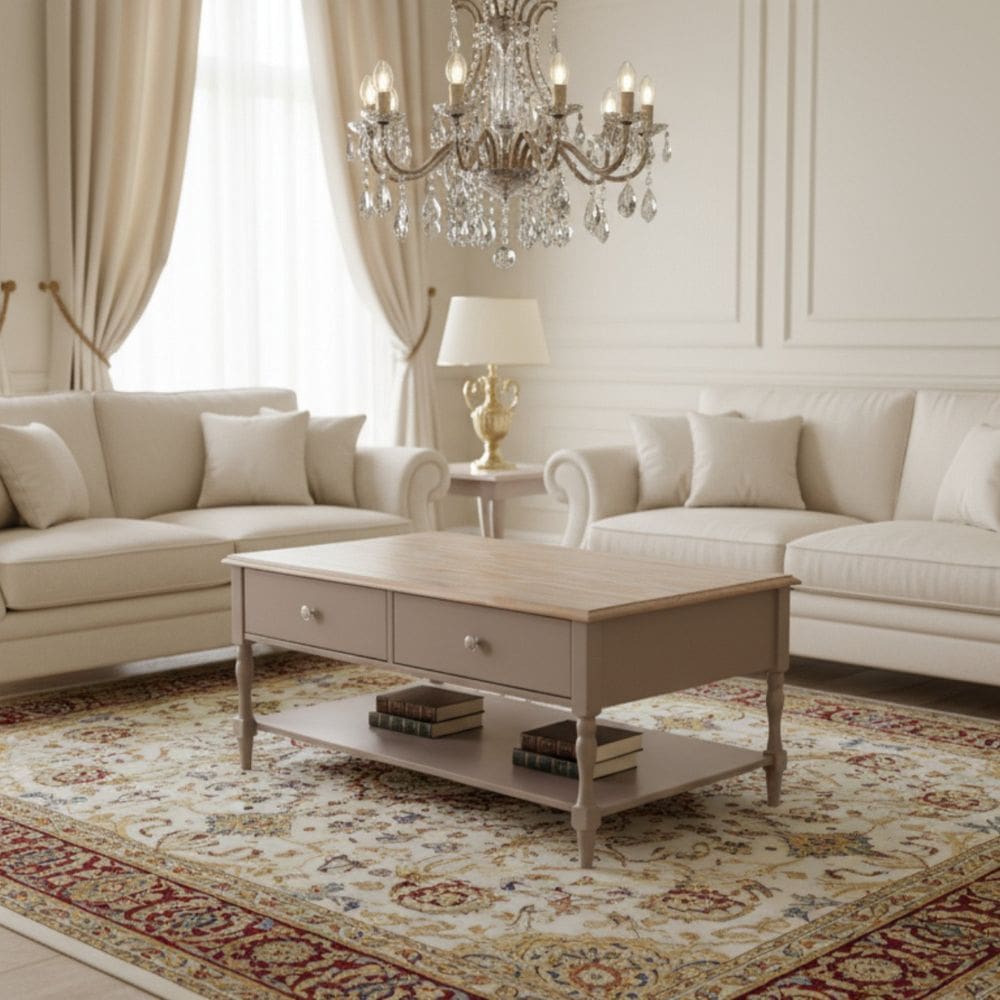 Mesa de Centro 2 Gavetas Tampo de Madeira Maciça Escovada Pés Torneados Louise Cinza/Patina