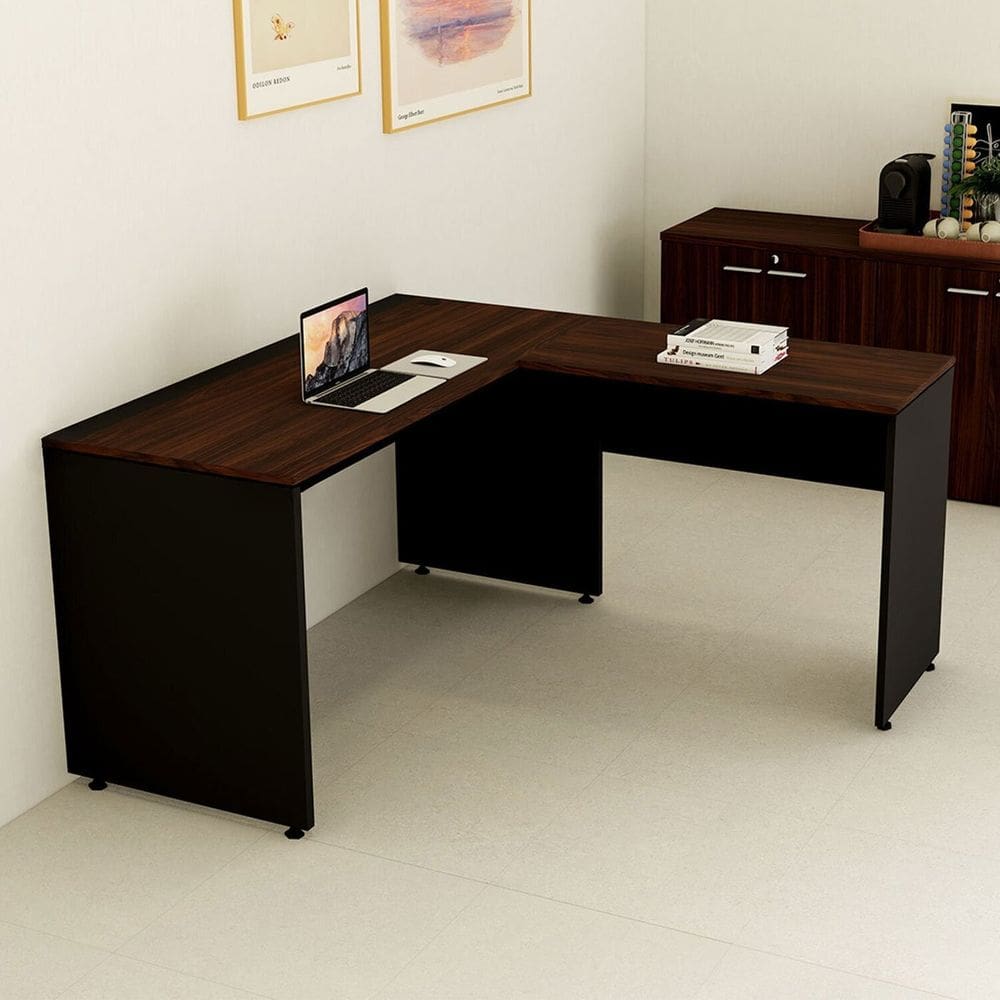 Mesa Tampo Auxiliar 90cm X 46cm para Escritório com Pé Lateral em Painel Corporate Louro Preto com Preto