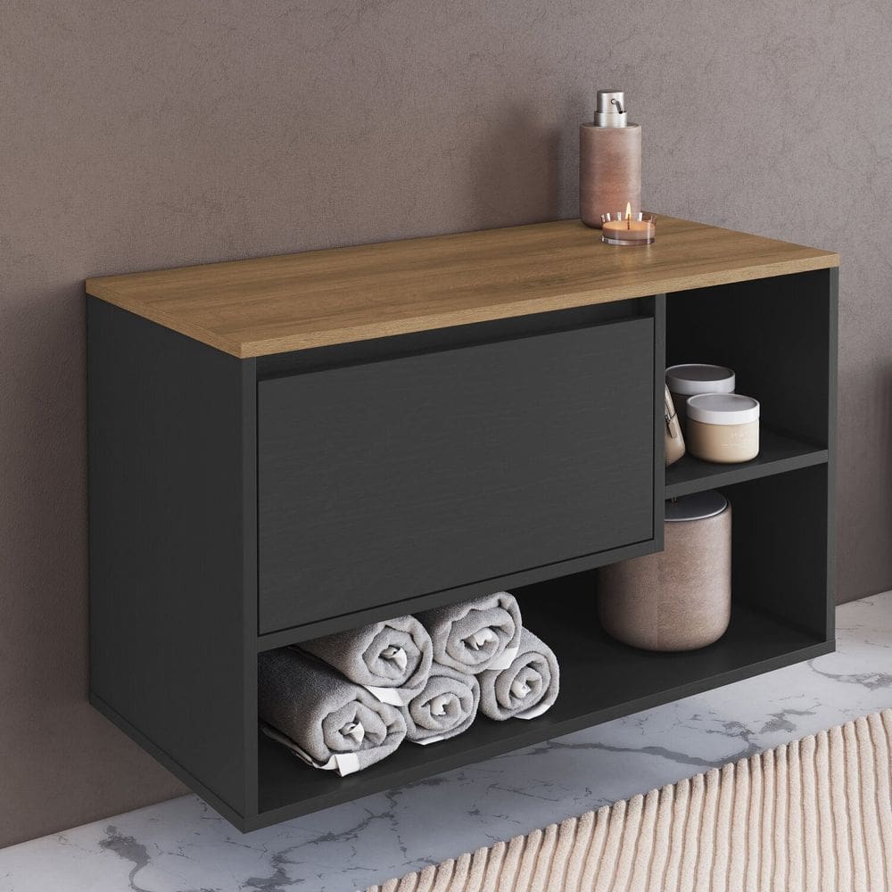 Balcão Gabinete de Banheiro Suspenso 80cm com 1 Porta e Nichos Barcelona Grafite