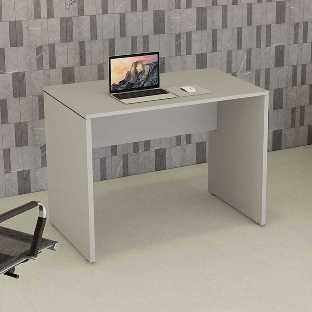Mesa Escrivaninha Retangular 100cm X 74cm com Passa Cabos e Pés Painel para Escritório Corporate Cinza