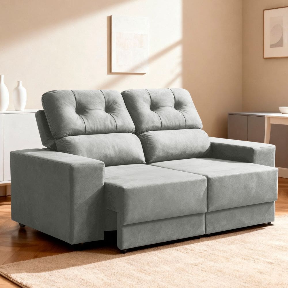 Sofá Retrátil e Reclinável 180cm Veludo Oslo Cinza