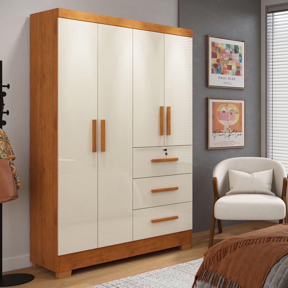 Guarda-roupa 4 Portas 3 Gavetas Amanda marrom / Off white