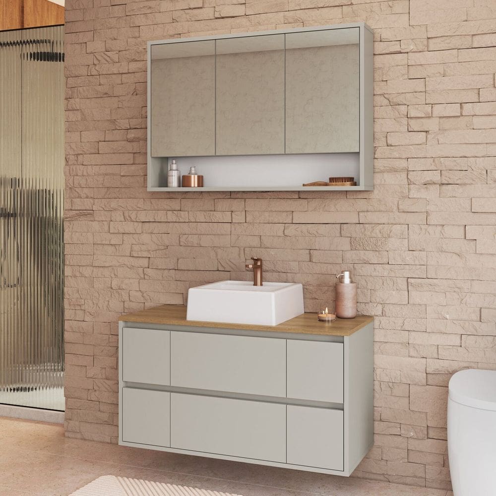 Conjunto para Banheiro Gabinete Suspenso 88,4 com Cuba e Espelheira Berlin Arenas