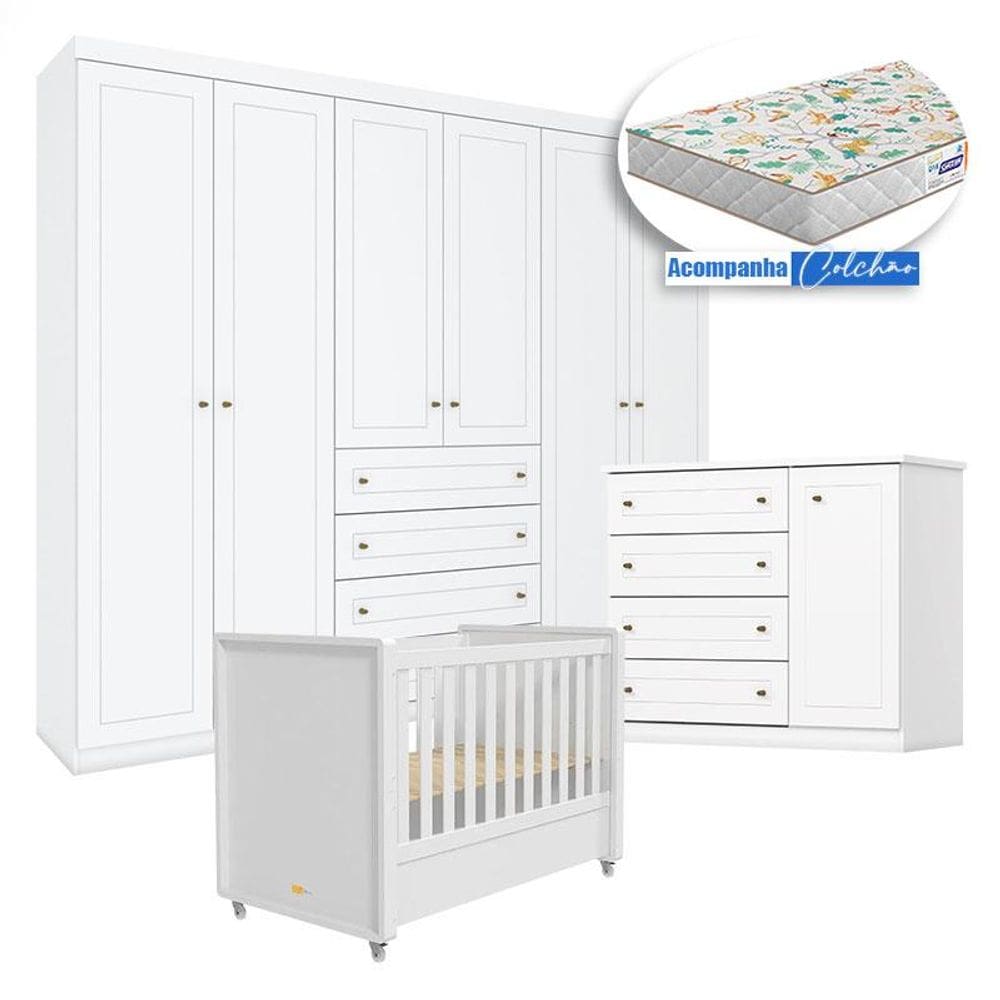 Quarto Infantil Mississipi 6 Portas com Berço Tutto New Branco Fosco e Colchão Gazin - Henn