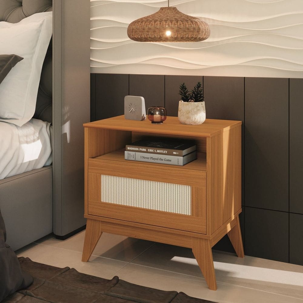 Mesa de Cabeceira com Rattan 65x58cm City Cedro
