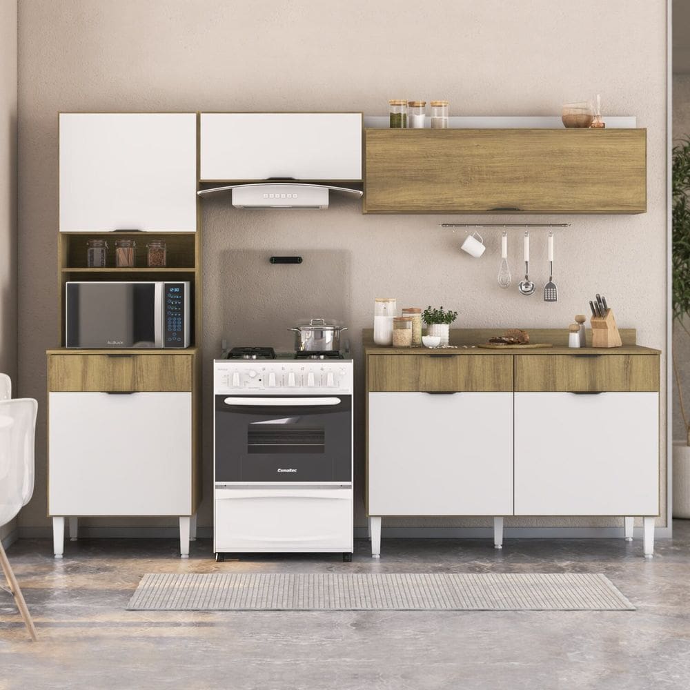 Cozinha Completa 4 Módulos Lâmina Valencia Mel/Branco