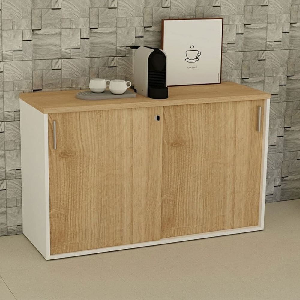 Armário para Escritório Baixo 120cm X 74cm com 2 Portas de Correr e Chave Corporate Carvalho Treviso / Branco