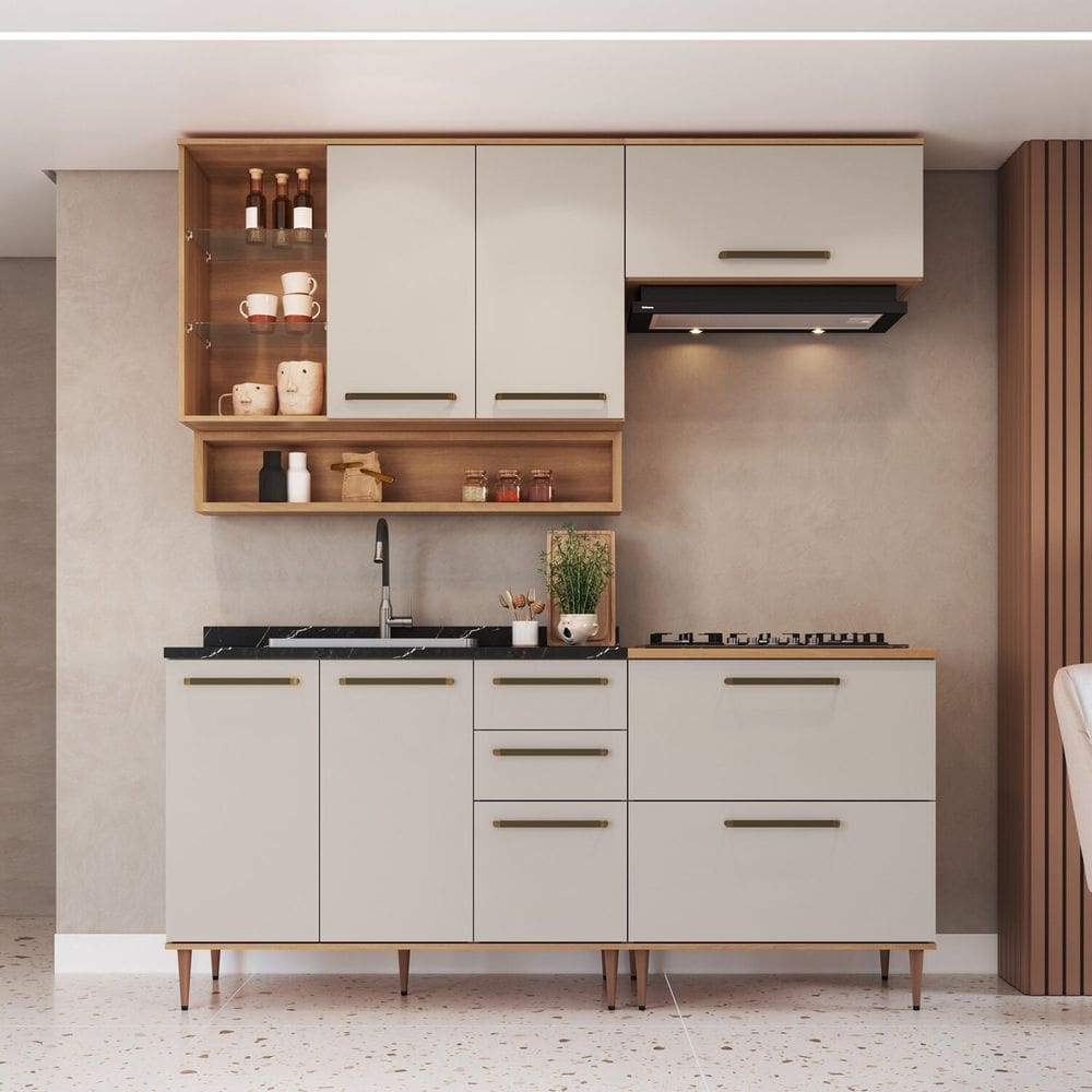 Cozinha Modulada 5 Peças com Nicho Decorativo Balcão para Cooktop Isabelle Freijó / Arenas