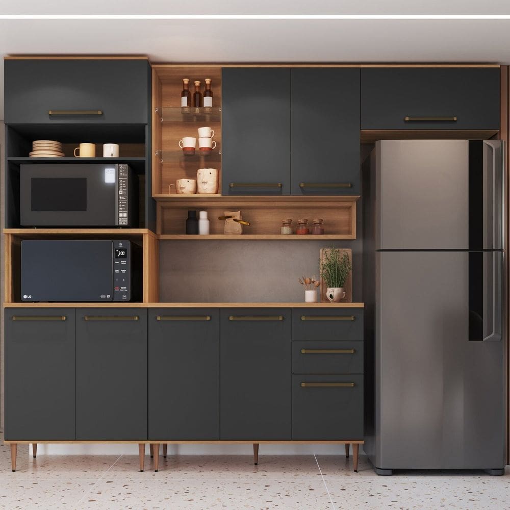 Cozinha Modulada 5 Peças com Tampo 120cm Torre Quente para 2 Fornos Nicho Decorativo Isabelle Freijó / Grafite