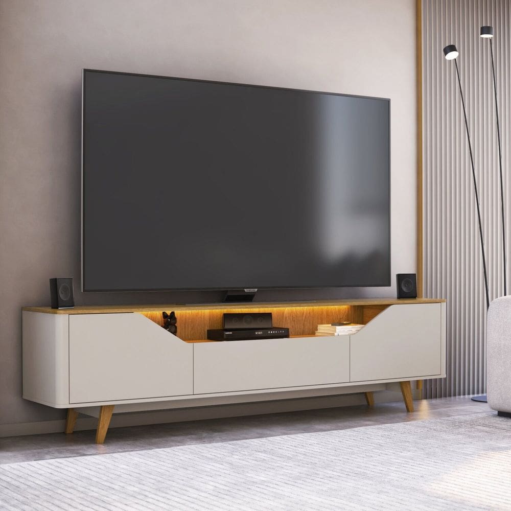 Rack para Tv 85 Polegadas com Led Pés em Madeira Maciça Cooper Bege Dunas/ Carvalho