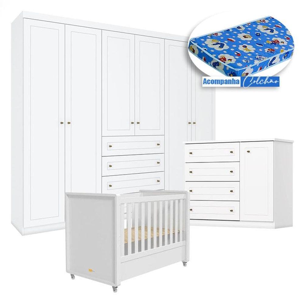 Quarto Infantil Mississipi 6 Portas com Berço Tutto New Branco Fosco e Colchão Ortobom - Henn