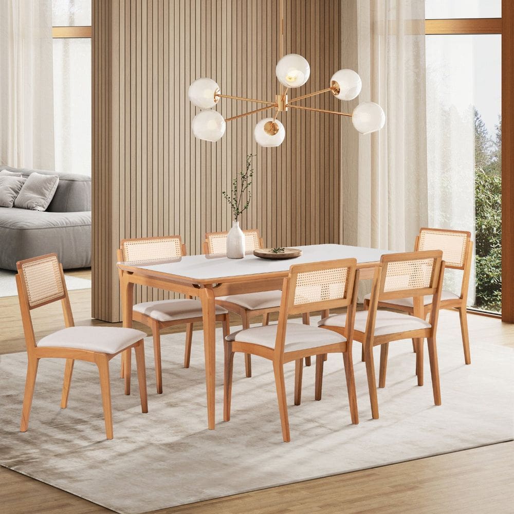 Conjuto Sala de Jantar com 1 Mesa Tampo Laminado com Vidro 160cm e 6 Cadeiras Verona Cru/Verniz Mel