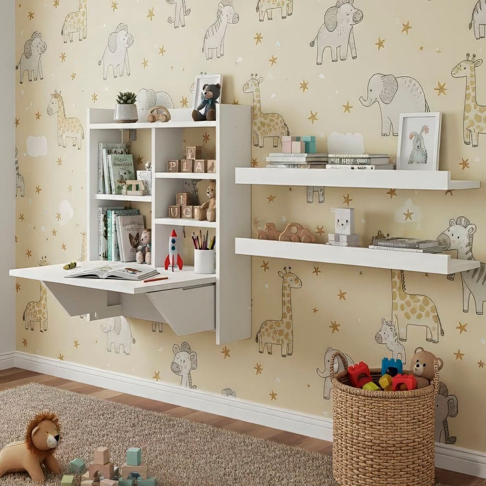 Conjunto Estante com Mesa Dobrável e 2 Prateleiras Aba Branco