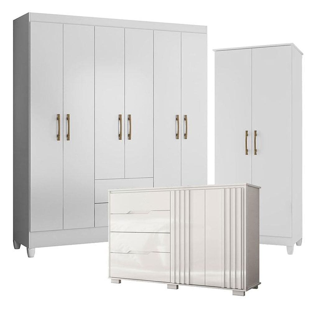 Guarda Roupa Casal Panamá com Cômoda Texas e Armário Multiuso Jade Branco Brilho- Moval