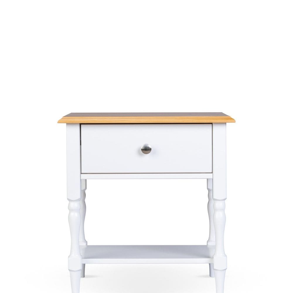 Mesa Lateral 1 Gaveta Tampo em Madeira Maciça Pés Torneados Louise Branco/Mel