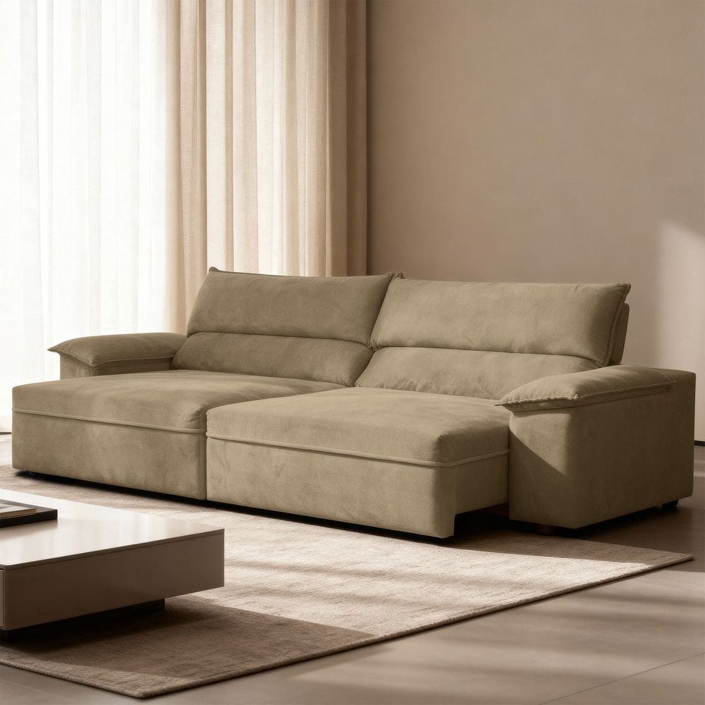 Sofá Retrátil e Reclinável Molas Ensacadas 200cm Veludo Malta Capuccino