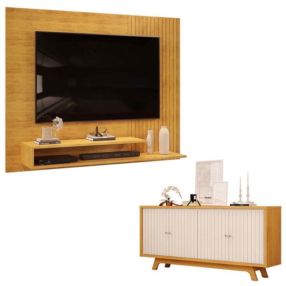 Painel para TV Suspenso Nando Cedro e Aparador Buffet Mercuri Cedro Off White - DJ Móveis