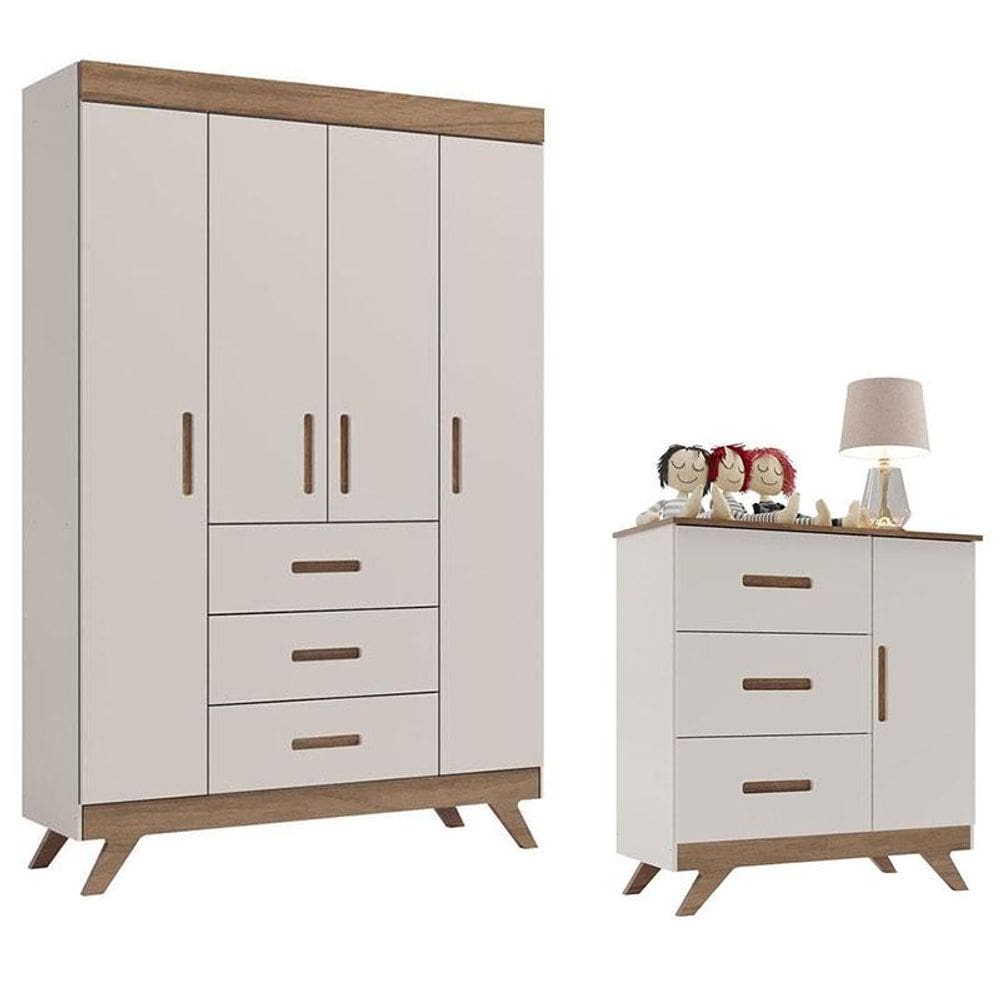 Guarda Roupa e Cômoda Infantil Retrô Maya Off White Carvalho - Carolina