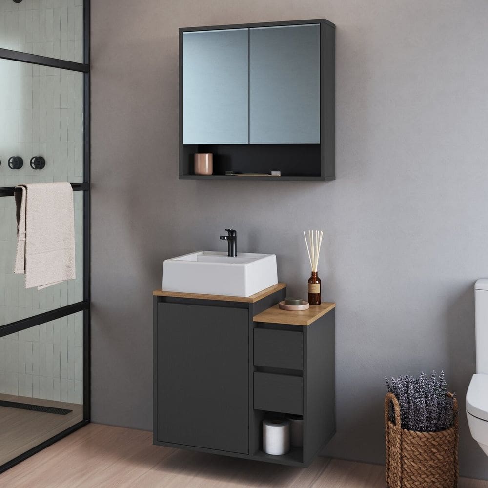 Conjunto para Banheiro Gabinete Suspenso 60cm com Cuba Espelheira Bologna Grafite