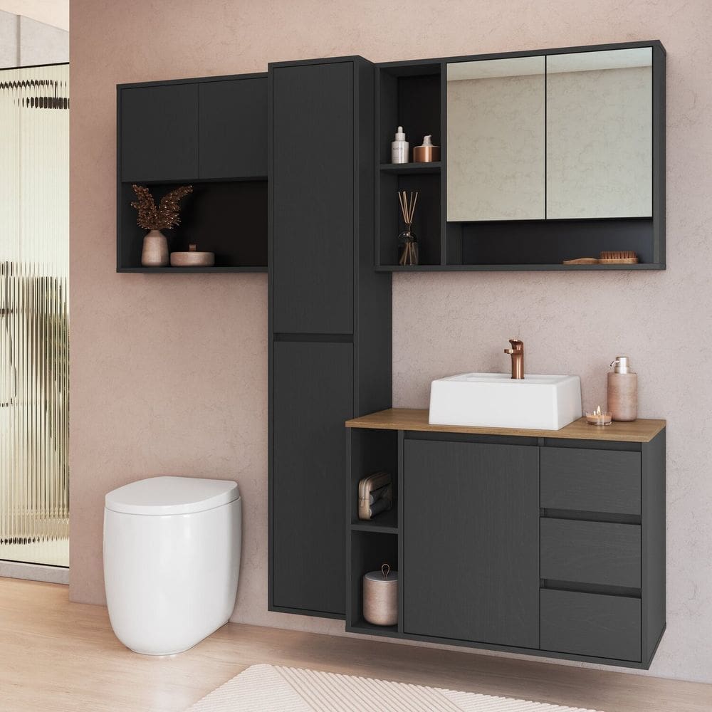 Conjunto para Banheiro 168cm com 4 Peças Gabinete Suspenso com Cuba Belagavi Grafite