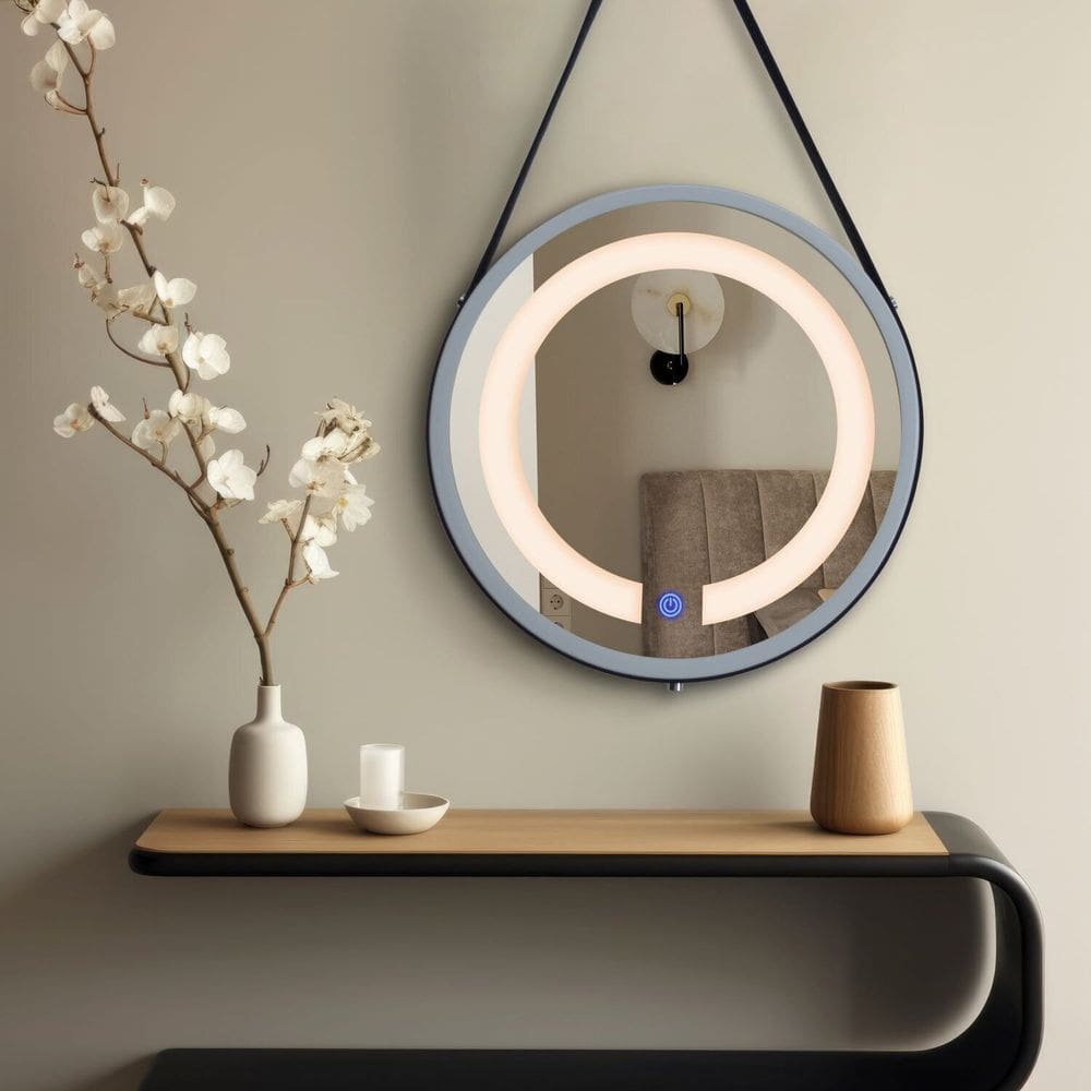 Espelheira Redondo Iluminado 40cm com Alça Touch 2 Leds com Alça Adnet Branco/Preto