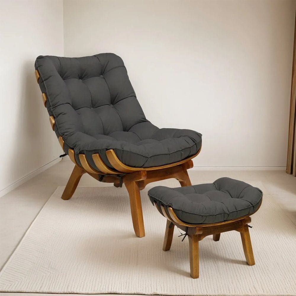 Kit Poltrona e Puff com Base de Madeira Suede Costela Cinza