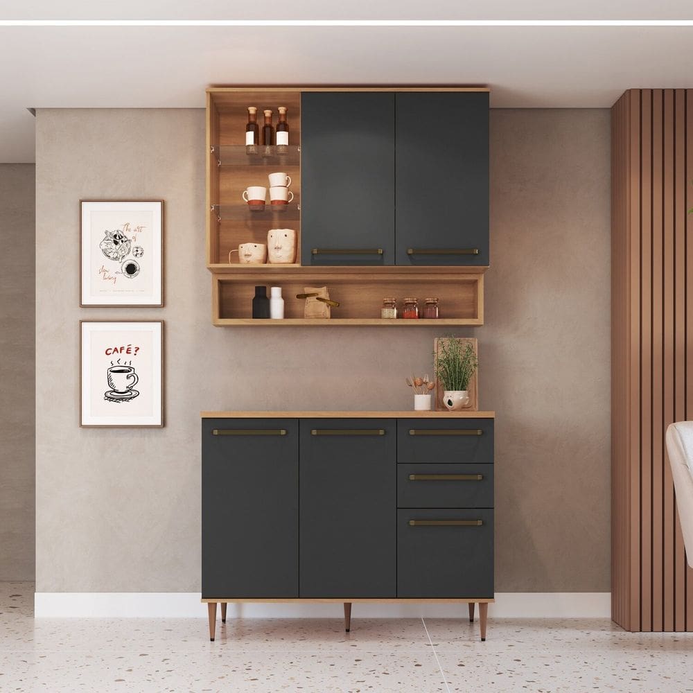 Cozinha Compacta 4 Peças com Tampo 120cm e Nicho Decorativo Isabelle Freijó / Grafite
