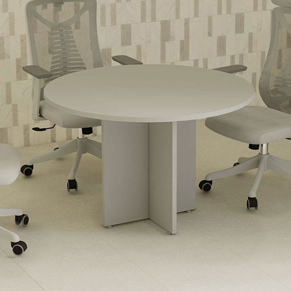 Mesa de Reunião Redonda 110cm X 110cm com 4 Lugares e Pés Painel para Escritório Corporate Cinza