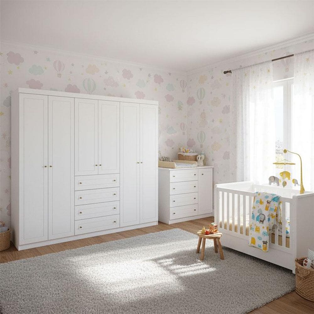 Quarto Infantil Mississipi 6 Portas Ambiente com Berço Tutto New Branco Fosco - Henn