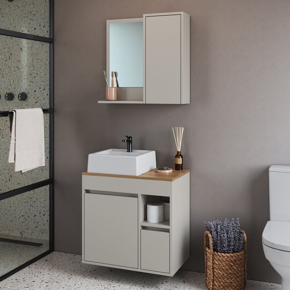 Conjunto para Banheiro Gabinete Suspenso 60cm com Cuba e Espelheira Bahamas Arenas